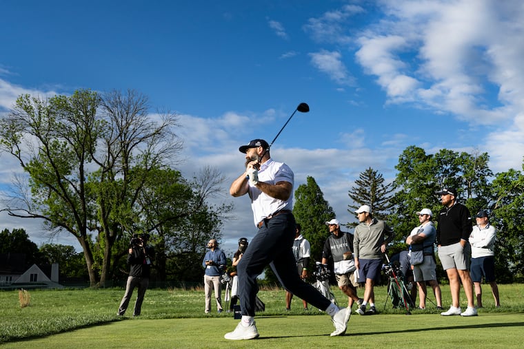 Jason Kelce tees off during the pro-am event at the Truist Championship on Wednesday at the Philadelphia Cricket Club.
