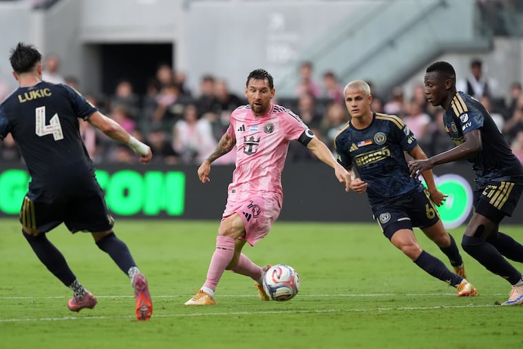Lionel Messi (center) on the ball in front of Cavan Sullivan (second from right) during the Union's game in May at Miami.
