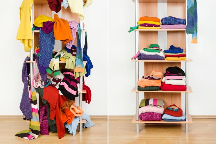 Messy colorful clothes thrown on a shelf and nicely arranged clothes in piles.