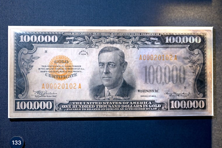 A $100,000 bill, the largest note ever printed in the country, on display at the newly redesigned “Money in Motion” exhibit at the Federal Reserve Bank of Philadelphia, Thursday, May 7, 2026.