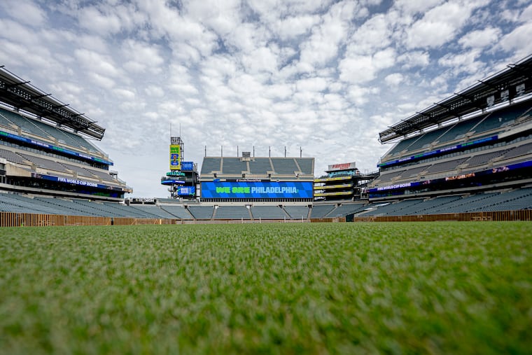 New grass is installed at Lincoln Financial Field, which will be called "Philadelphia Stadium" during the World Cup.