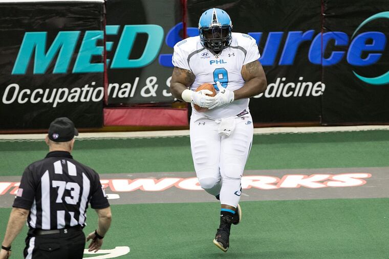 Soul fullback Mykel Benson (9) catches a touchdown pass at Cleveland Gladiators in May.