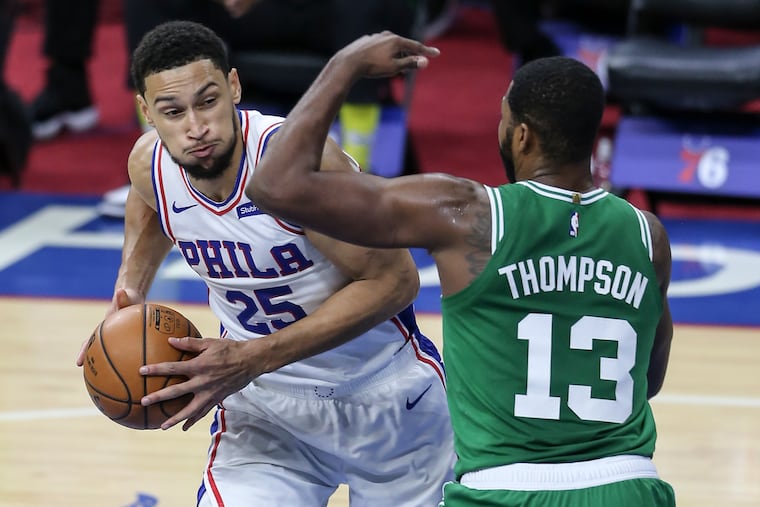 Sixers' Ben Simmons drives on Celtics' Tristan Thompson during the 1st quarter at the Wells Fargo Center on Wednesday.