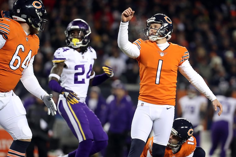 Bears kicker Cody Parkey (1) converts a field goal attempt against the Vikings in November.