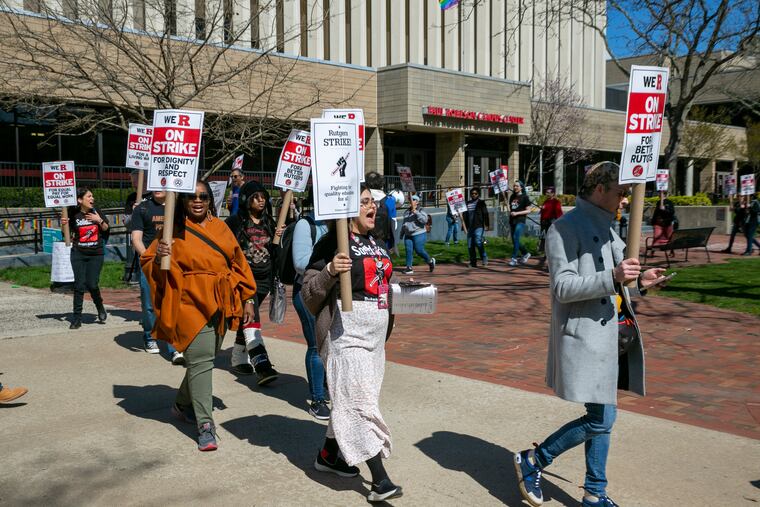 Professors, part-time lecturers, and graduate students strike at Rutgers University in Newark, N.J., Monday, April 10, 2023. The unions representing 9,000 faculty and graduate student workers went on strike for the first time in over 250 years.