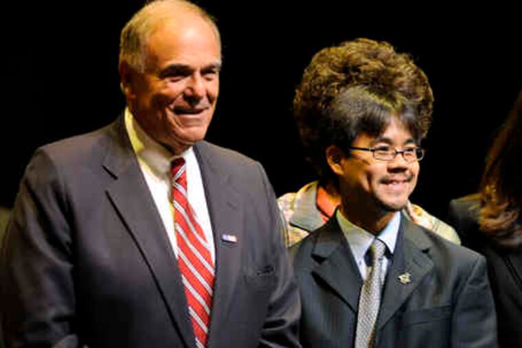 Jeffrey Chou, a sixth-grade teacher at Highland Elementary in the Abington School District, with Gov. Rendell.