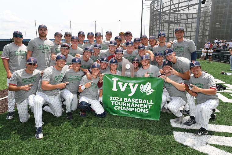 The Penn baseball team celebrates its Ivy League Tournament title on Monday.