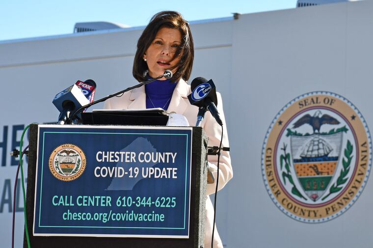 Chester County Board of Commissioners Chair Marian Moskowitz, seen at a COVID-19 vaccine press conference last month, said Tuesday that the county's new ethics policy was not designed to crack down on leaks, but was adopted to "ensure that we operate under the highest ethical standards."
