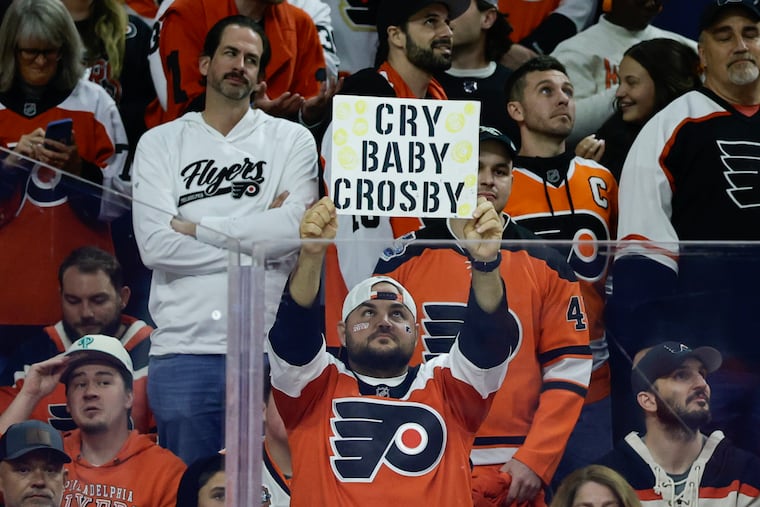 Flyers fan with a message for Penguins center Sidney Crosby during the second period of Game 3 on Wednesday.
