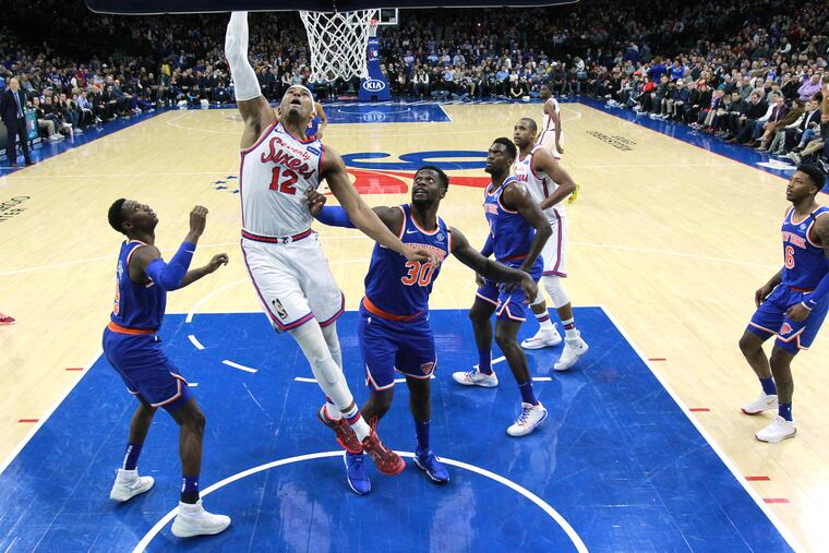 The Sixers' Tobias Harris goes up for two of his 23 points in the win over the Knicks.