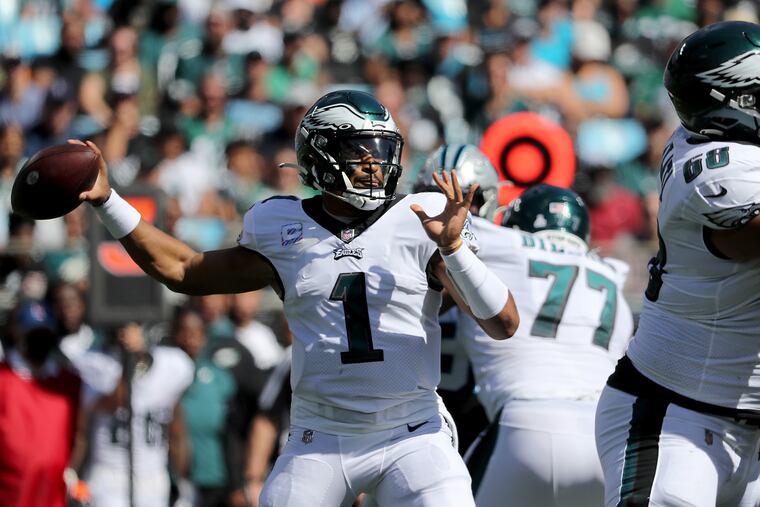 Philadelphia Eagles quarterback Jalen Hurts throws in the first quarter as the Eagles play the Carolina Panthers in Charlotte, N.C. on October 10, 2021.
