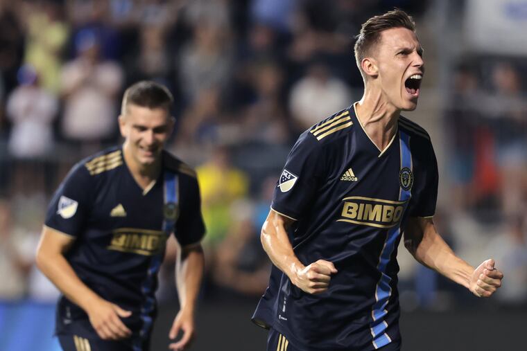 Jack Elliott (right) celebrates after scoring against the Chicago Fire during first half on Saturday in Chester.