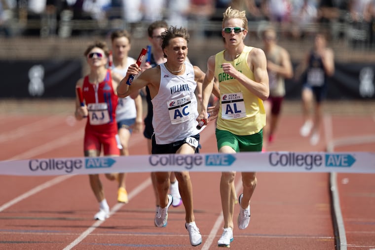 Villanova’s Marco Langon finishes second, beaten at the finish line by Oregon’s Simeon Birnbaum in the college men’s distance medley championship on Friday at Franklin Field during the Penn Relays.