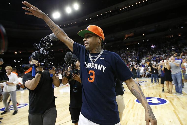 3's Company player coach Allen Iverson acknowledges the hometown fans during his introduction before the start of Game 4 against the Tri State in the BIG3 Basketball League in Philadelphia, Pa., Sunday, July 16, 2017.