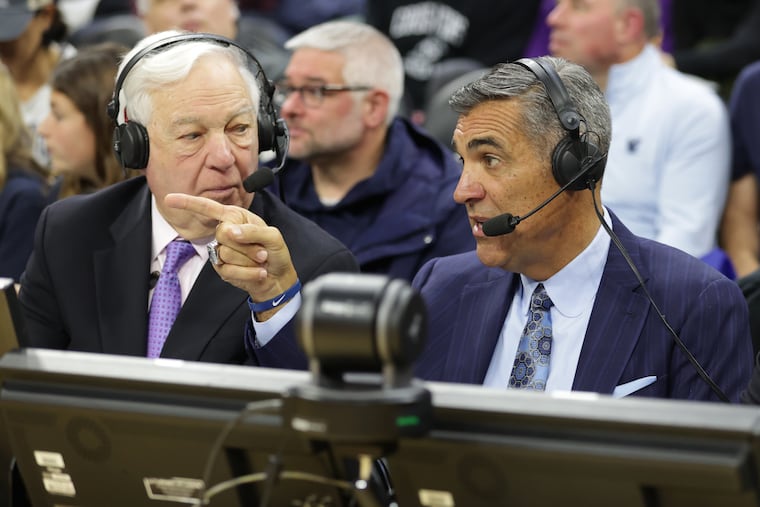 Bill Raftery (left) with former Villanova coach Jay Wright when Wright made his broadcast debut with the Villanova-Oklahoma game on Dec. 3, 2022, at the Wells Fargo Center.