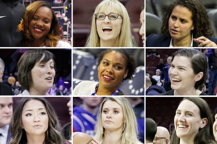 They’re vice presidents, executive directors, and scientists. Meet the women who help run the Sixers (clockwise from top left): Tyneeha Rivers, Lara Price, Katie O'Reilly, Susan Williamson, Ivana Seric, Annelie Schmittel, Jill Snodgrass, and Amy Hever, with Lindsey Harding, center.
