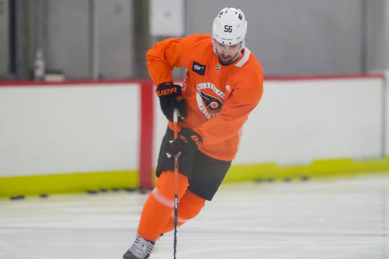 New Flyers defenseman Erik Gustafsson skates with the puck during training camp in Vooorhees. He has been paired with fellow Swede Robert Hagg during most of camp.