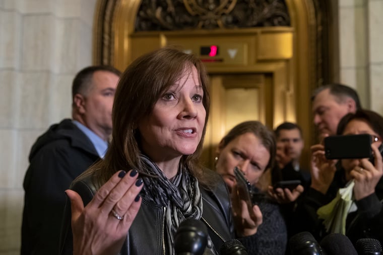 General Motors CEO Mary Barra speaks to reporters after a meeting with Sen. Sherrod Brown, D-Ohio, and Sen. Rob Portman, R-Ohio, to discuss GM's announcement it would stop making the Chevy Cruze at its Lordstown, Ohio, plant, part of a massive restructuring for the Detroit-based automaker, on Capitol Hill in Washington, Wednesday, Dec. 5, 2018. General Motors is fighting to retain a valuable tax credit for electric vehicles as the nation's largest automaker grapples with the political fallout triggered by its plans to shutter several U.S. factories and shed thousands of workers. (AP Photo/J. Scott Applewhite)