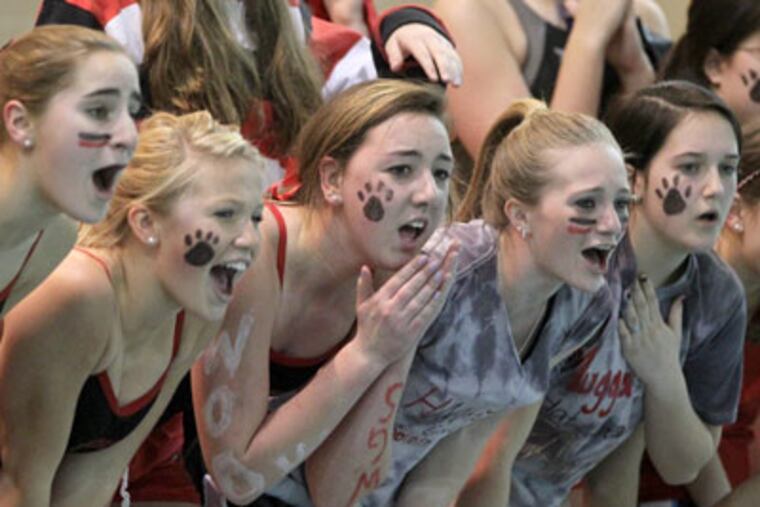 Members of the Haddonfield girls swim team cheer on their teammates in the 200m medley relay against Chatham in the Girls Division B State Public School Swimming Championship. ( Charles Fox / Staff Photographer ) JGSWIM27P, 2/26/2012, NJSIAA 2012 TEAM SWIMMING STATE CHAMPIONSHIPS, THE COLLEGE OF NEW JERSEY, EWING, NJ