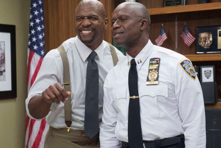 Terry Crews (left), with Andre Braugher, never made it to the Super Bowl as a player. He'll be there, and after, this Sunday.