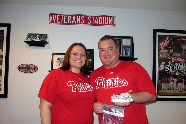 Steve and Mandy Dunne of Westminster, Md., have preserved a hot dog that Steve bought at Veterans Stadium in 2003, the last year the Phillies played there.