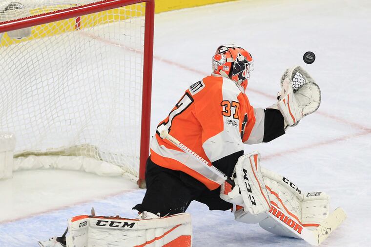 Goalie Brian Elliott, shown in an early-season game, relieved Carter Hart in the first period Tuesday against Tampa Bay.