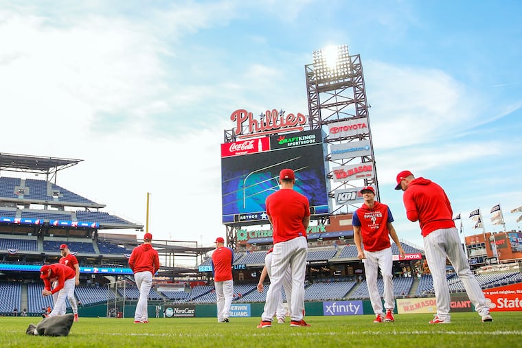 Phillies pitchers warmup at Citizens Bank Park.