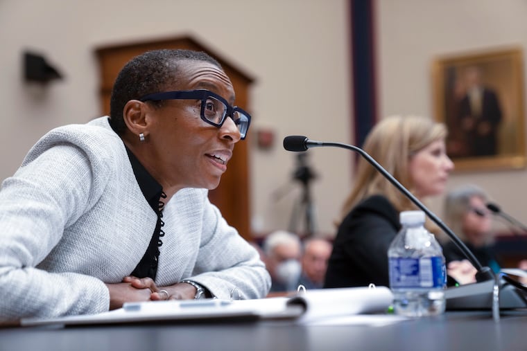 Harvard President Claudine Gay (left) speaks as then-president of Penn Liz Magill listens during a hearing of the House Committee on Education last week.
