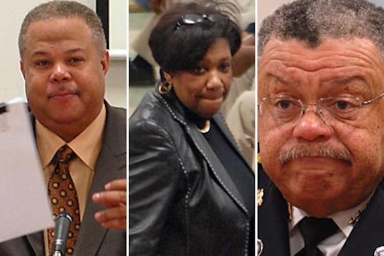 Police Commissioner Charles Ramsey (right) and Superintendent Arlene Ackerman (center) were among those who testified before the Senate Judiciary Committee about a bill sponsored by State Sen. Anthony H. Williams (left) that would hold parents responsible for their children's illegal actions.