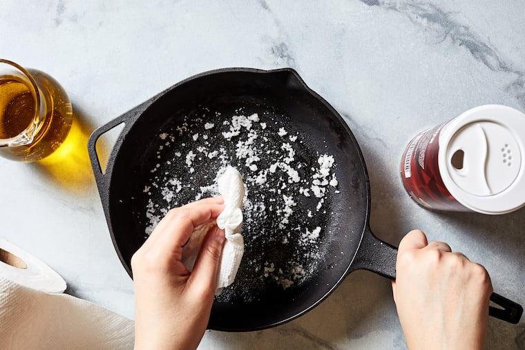 You can clean cast iron with a paste of oil and coarse salt. (Stacy Zarin Goldberg/For The Washington Post; food styling by Amanda Soto)