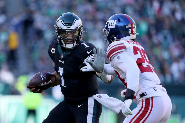 Eagles quarterback Jalen Hurts has 740 yards rushing, 14 behind team leader Miles Sanders.
