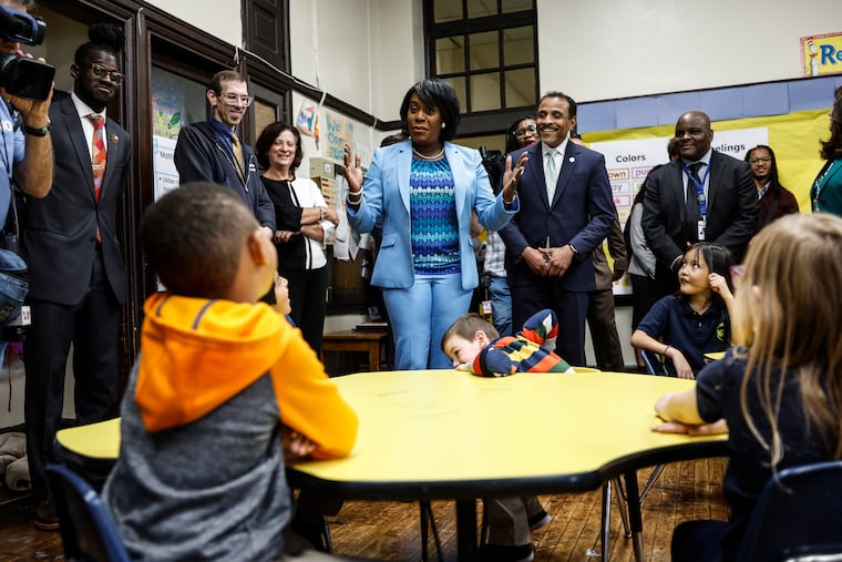 Mayor Cherelle L. Parker and Superintendent Tony B. Watlington Sr. visits kindergarten students in Southwark Elementary's after care program. Southwark is one of the 25 city schools chosen for an extended day, extended year program.