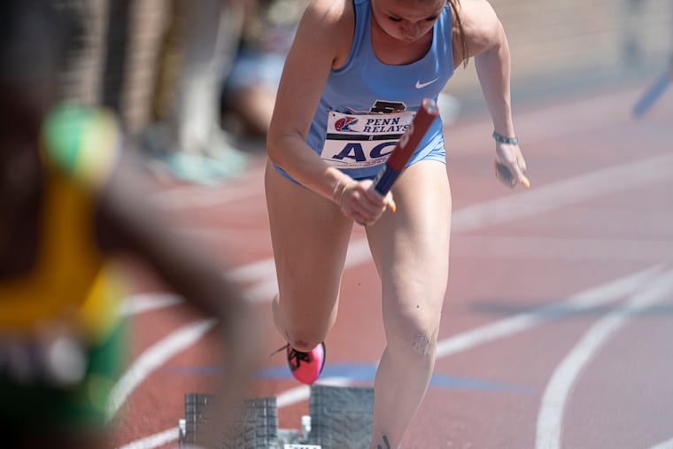 Pennsauken's Summer Schaffer launching out of the blocks to start the high school girls’ 4x100-meter Championship of America race on Saturday. Pennsauken, the first area team to compete in that final since 2017, broke the N.J. record time in finishing third.