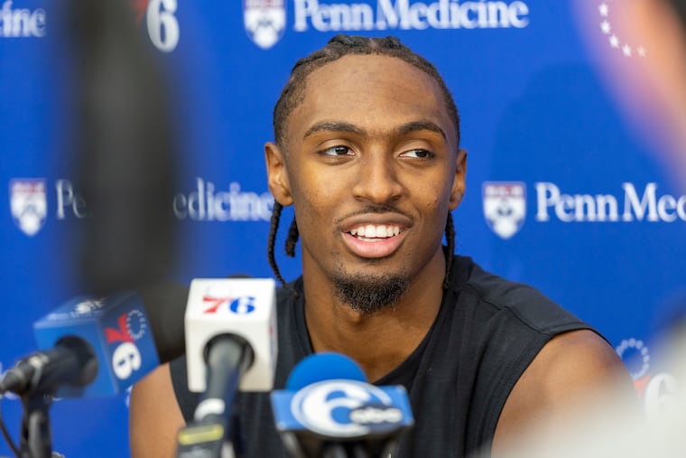 Sixers point guard Tyrese Maxey speaks with media on Saturday.