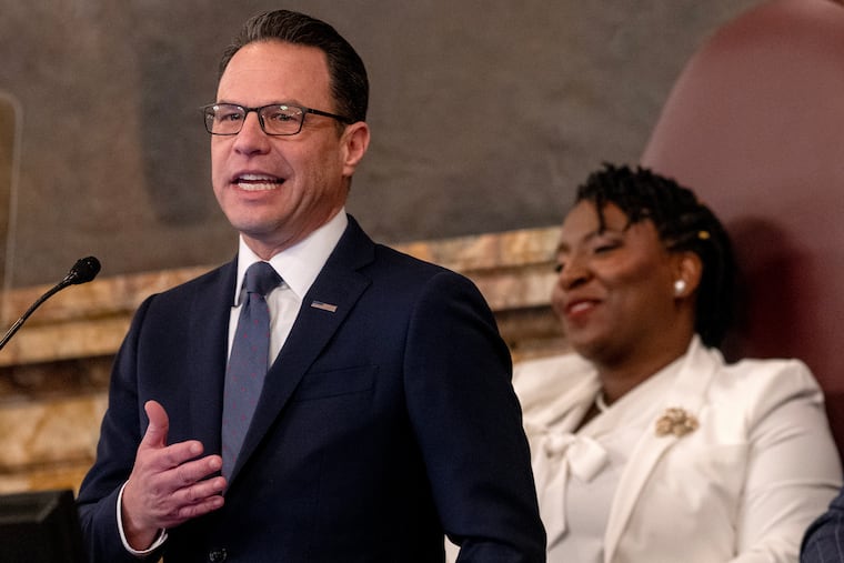 Gov. Josh Shapiro makes his annual budget proposal in the state House chamber Tuesday, Feb. 3, 2026. House Speaker Joanna McClinton is seated behind him.