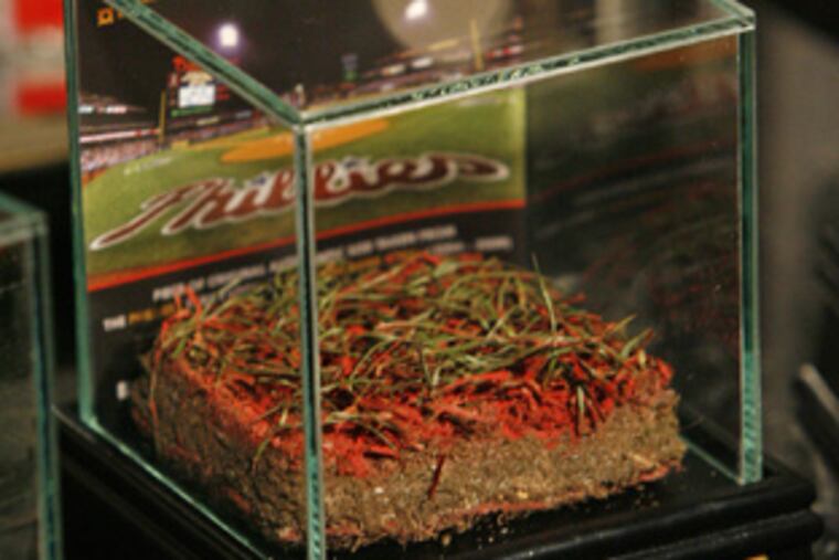 Fans can own authentic Phillies sod -- either plantable stuff for the yard or a square of freeze-dried grass. This specimen, part of the team logo behind home plate during the World Series, sells for $119.99.