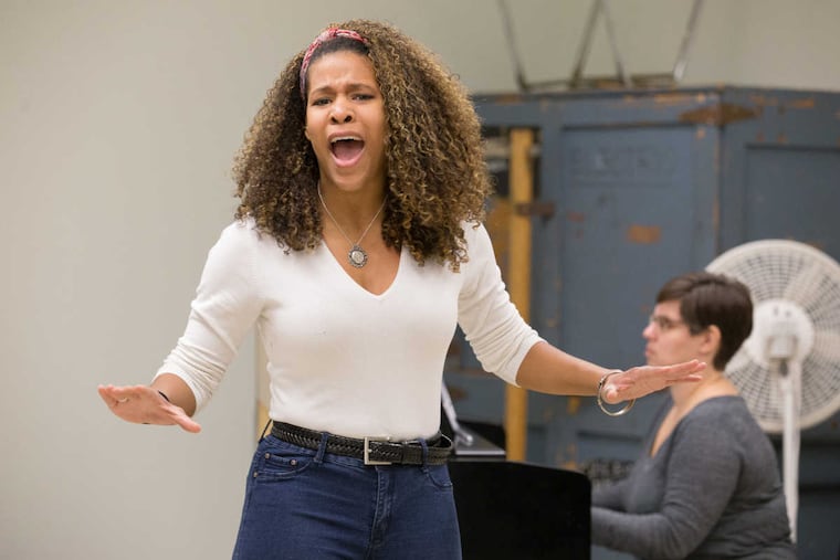 Paige Smallwood performs the song “Warrior” during a classroom audition at Temple University before theater professionals. Students receive feedback from experts all semester.