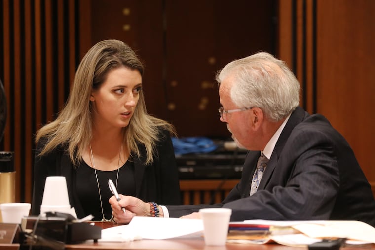 Kate McClure, 29, charged with theft by deception in the $400K GoFundMe scam, with her lawyer Jim Gerrow Jr., pleads guilty before State Superior Court Judge Christopher Garrenger in Burlington County Courthouse, Mt. Holly, NJ Monday April 15, 2019