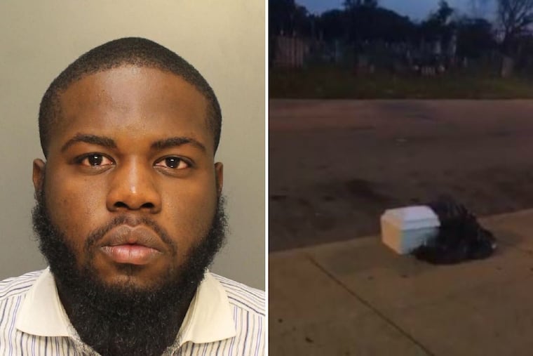 Jeremy Brooks, 24, (left) of North Philadelphia, has been charged with abuse of corpse after he allegedly dumped a child-sized casket (right), with human organs inside, on a North Philadelphia sidewalk on July 3, 2017.