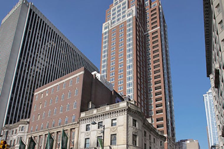 From the southeast corner of South 18th Street at Walnut, 10 Rittenhouse looms over Anthropologie (on the corner) and the Barnes & Noble bookstore.
