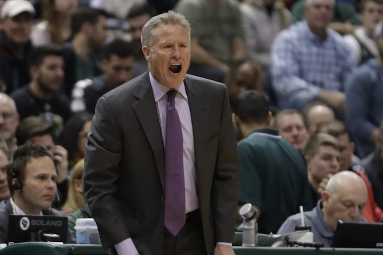 Sixers coach Brett Brown reacting to a play during the first half Sunday.