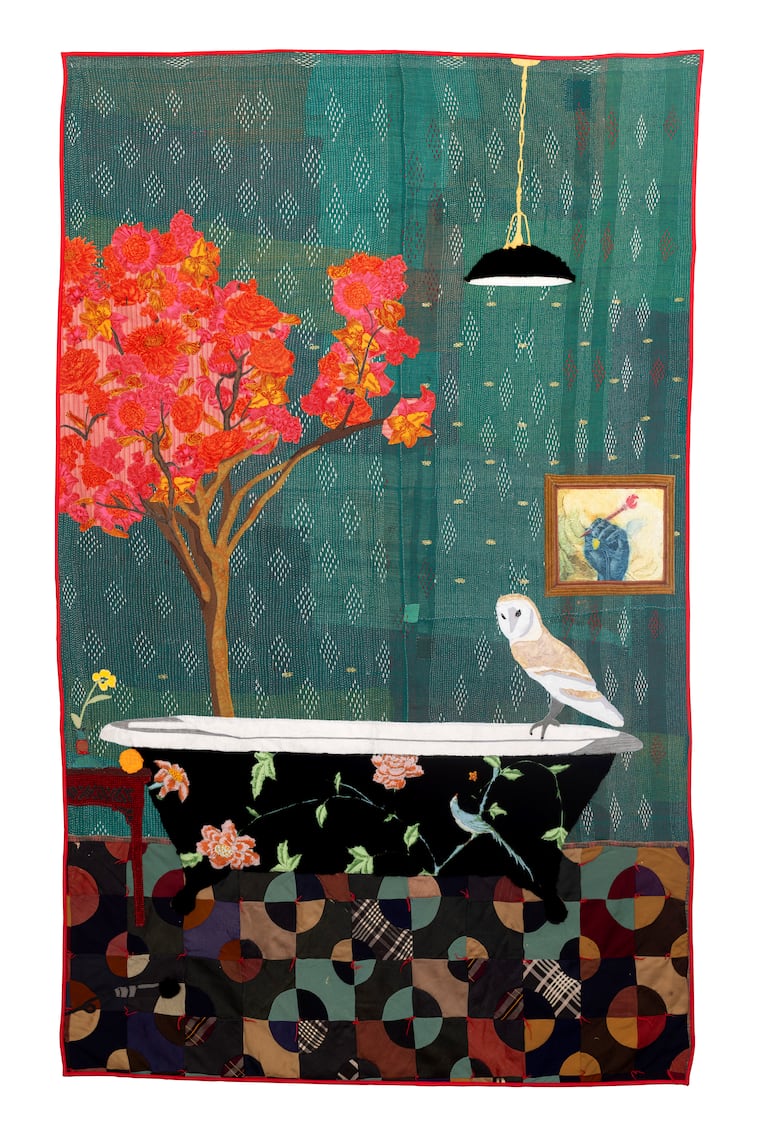 Jesse Krimes' 2026 quilt "Riverside" will become a mural in Spring Garden that will be unveiled on June 3. Description: Jesse Krimes, "Riverside," 2026. Antique quilt, used clothing collected from incarcerated people, assorted textiles, 87 1/2 x 54 inches.