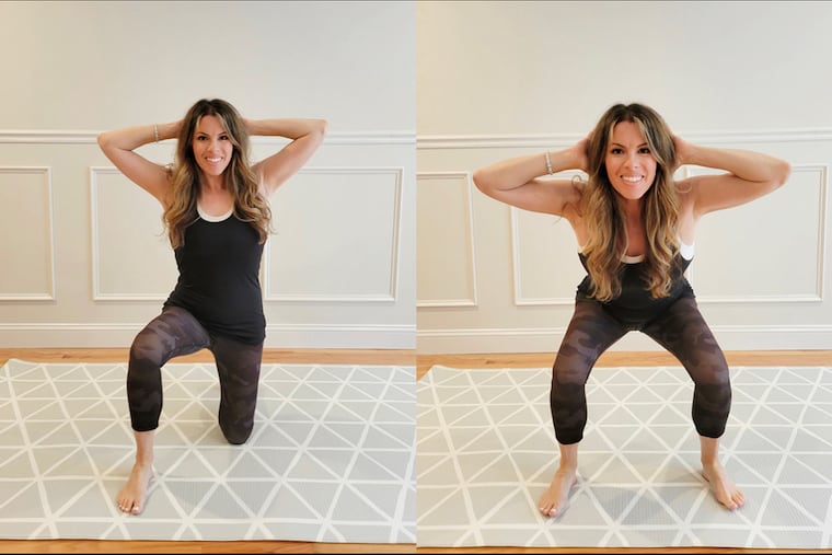 Ashley demonstrates the kneel to squat exercise.