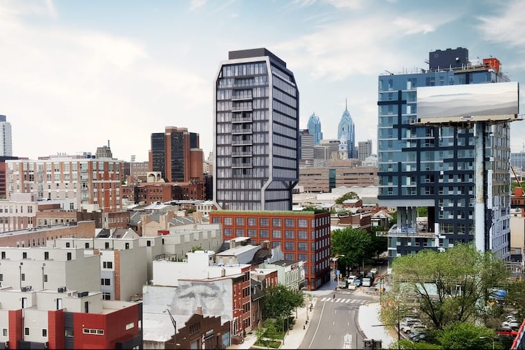 Artist's rendering of planned hotel and condo tower at Second and Race Streets, as seen from Benjamin Franklin Bridge.
