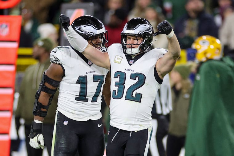 After beating the Packers on "Monday Night Football," Nakobe Dean (17), Reed Blankenship, and the Eagles return home for another prime-time matchup against an NFC North team.