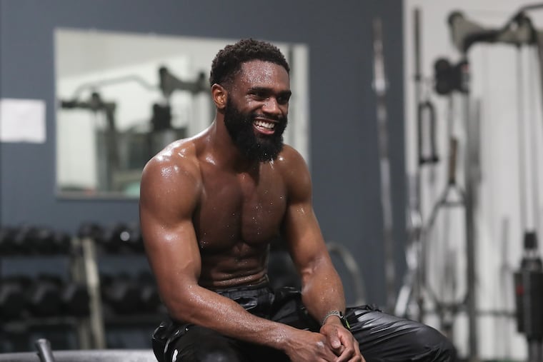 Welterweight Jaron Ennis takes break while working out at MPR Endurance MMA in Langhorne.
