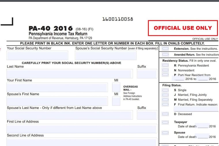 An example of the Pennsylvania 2016 personal income tax form.