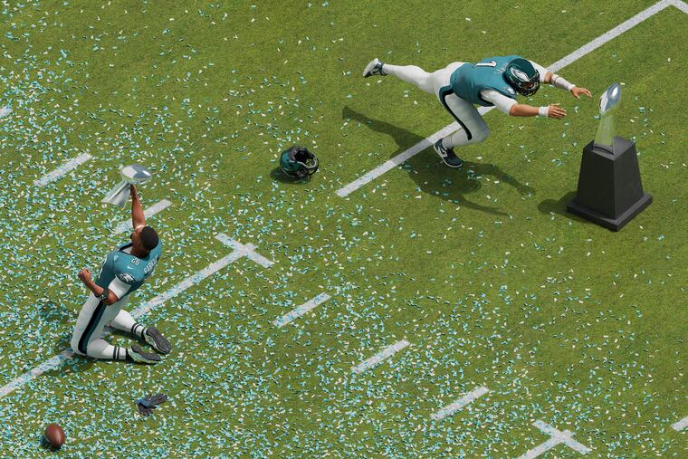 Illustration of Saquon Barkley celebrating last year's Super Bowl win and holding the Lombardi Trophy, while Jalen Hurts lunges toward next year's trophy.