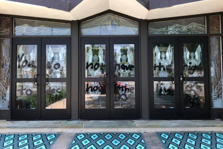 Graffiti was discovered Sunday morning at Notre Dame de Lourdes church in Swarthmore, FACEBOOK / NOTRE DAME DE LOURDES CHURCH