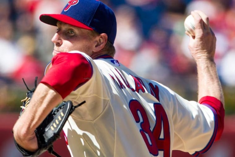 Roy Halladay throws a pitch during the sixth inning of a baseball game against the Arizona Diamondbacks, Sunday, Aug. 25, 2013, in Philadelphia. The Phillies win 9-5. (Christopher Szagola/AP)